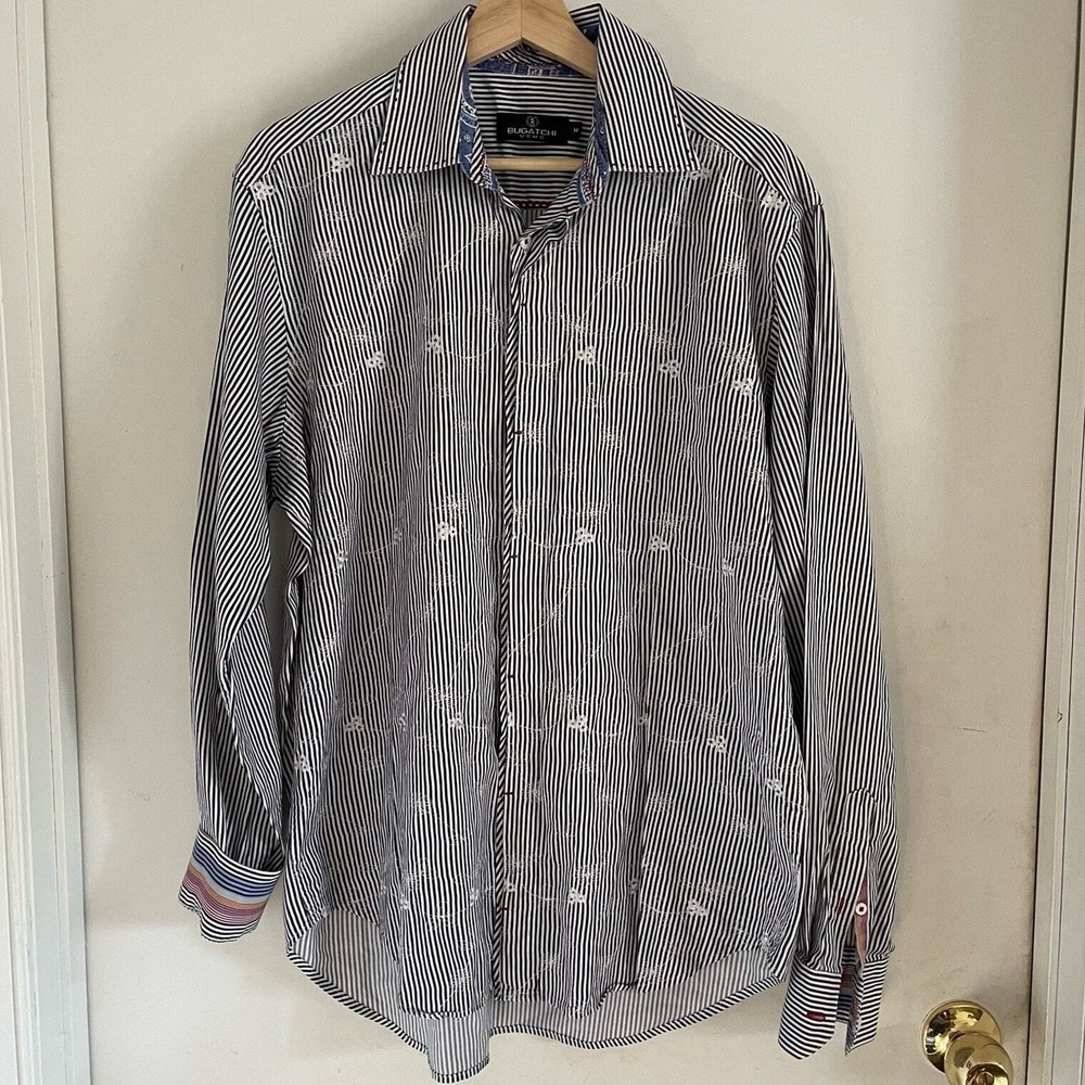Bugatchi Uomo Longsleeve Dress Shirt Mens‎ Sz M Embroidered Floral Blue Striped